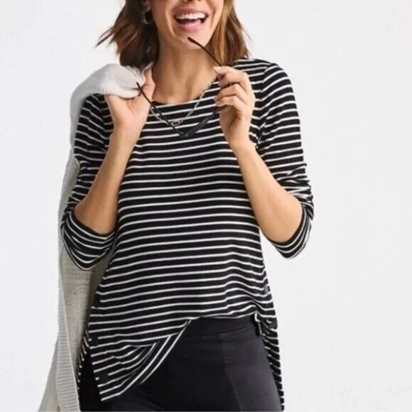 CABI Side Snap Tee Black White Stripe Sz S #6332 EUC - Picture 1 of 5